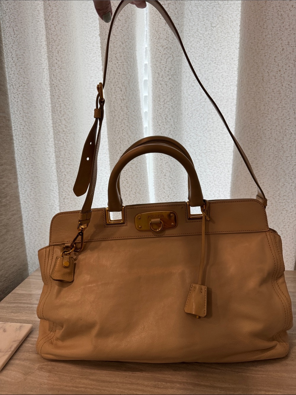 PRADA Nude Leather Top-Handle Satchel with Gold Hardware - Picture 9 of 16